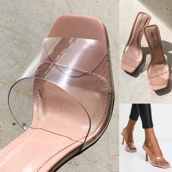 NEW Clear Blush Transparent Band Square Open Toe Slip On Heeled Mules Sandals - Picture 12 of 12